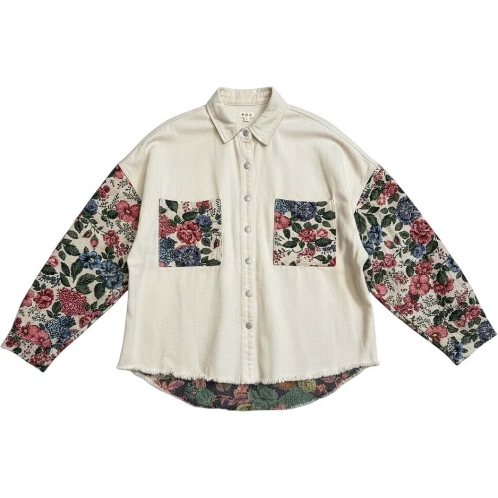 POL Boho Floral Tapestry Oversized Jacquard Button Down Shacket Cream Size Small